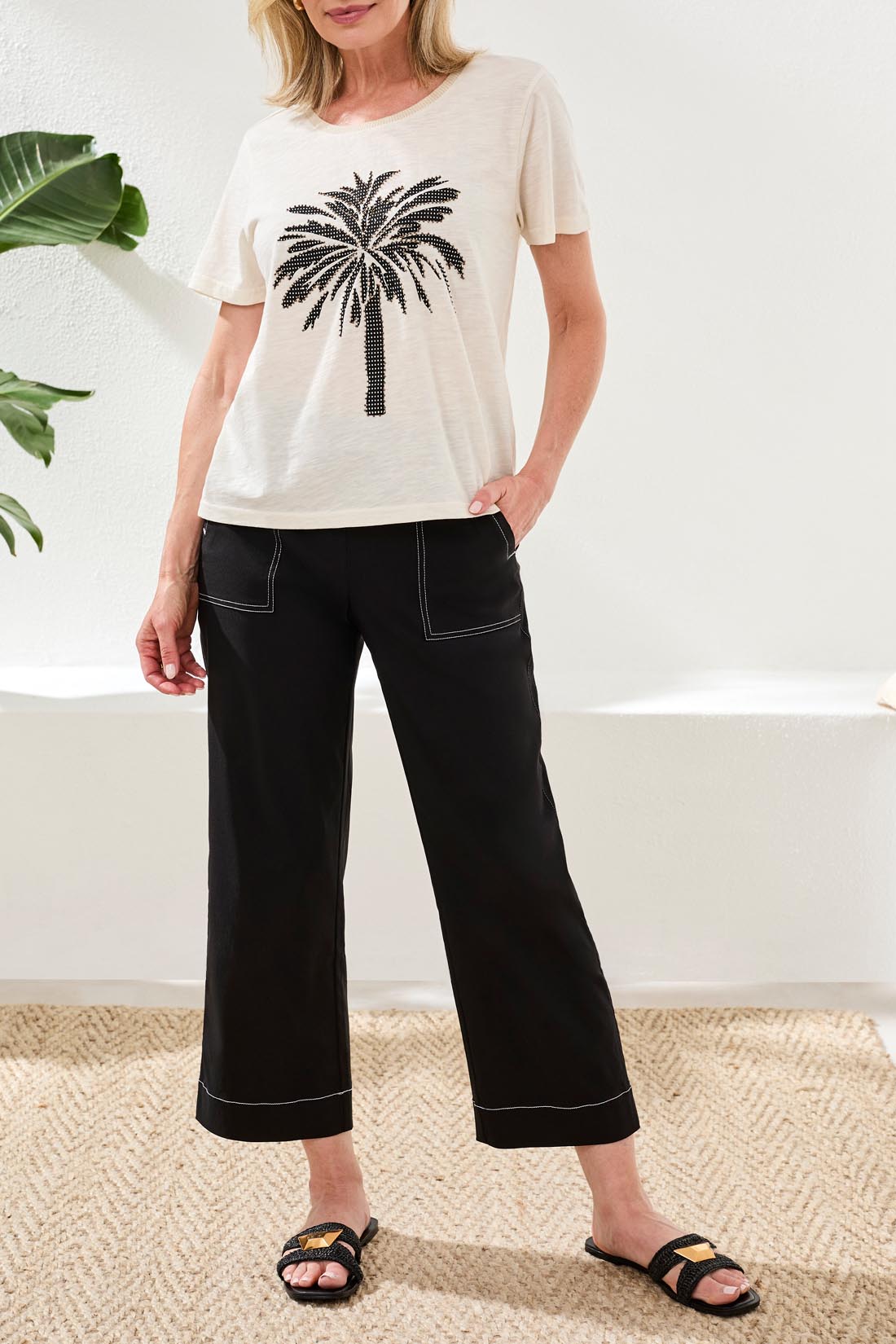 Tribal Short Sleeve Crew Neck Palm Tree Top | Canvas - Juli's Wearable Art