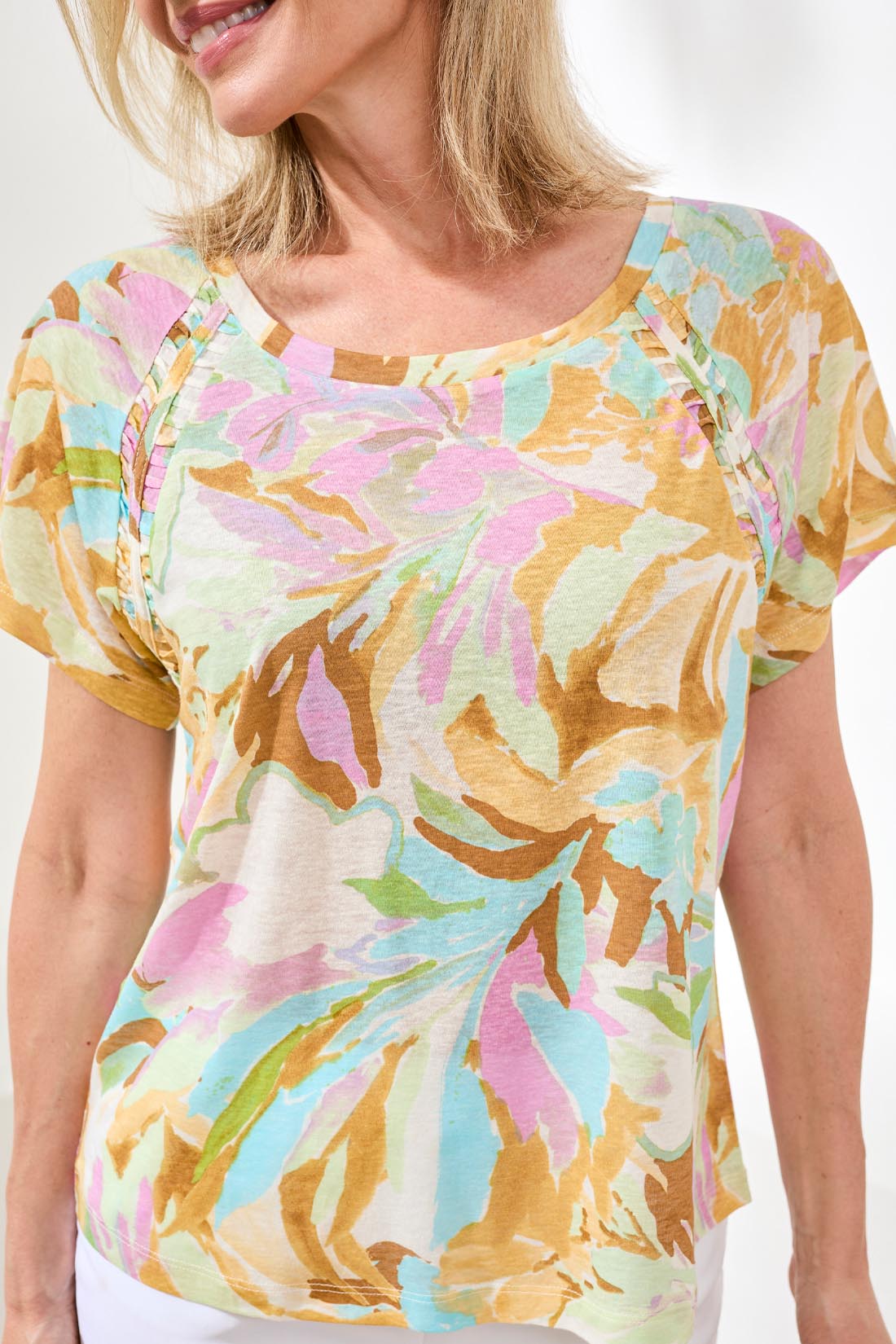 Tribal Short Sleeve Scoop Neck Top with Pleating Detail | Wisteria - Juli's Wearable Art