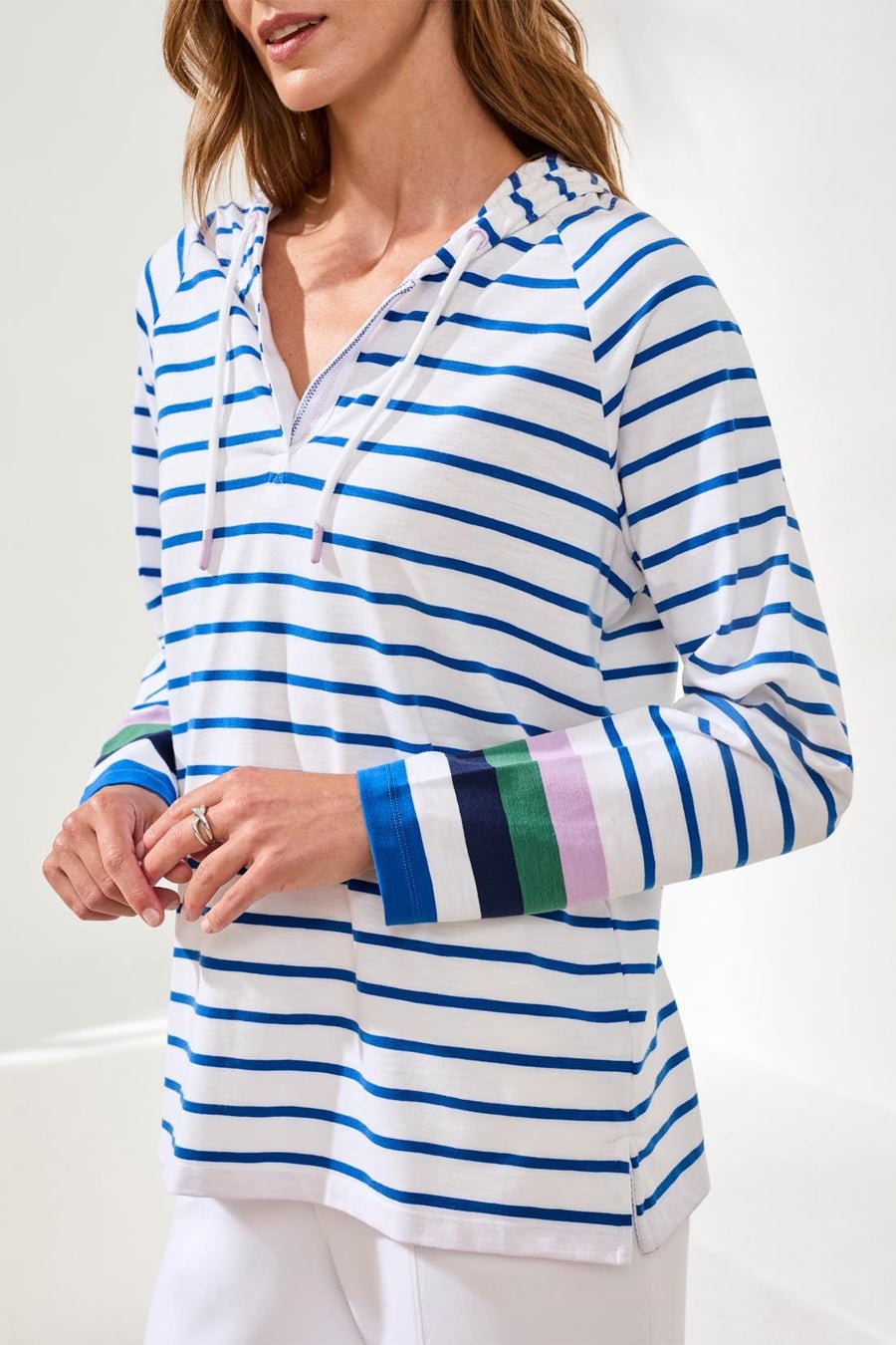 Tribal Slub Knit Striped V - Neck Long Sleeve Hoodie - Juli's Wearable Art