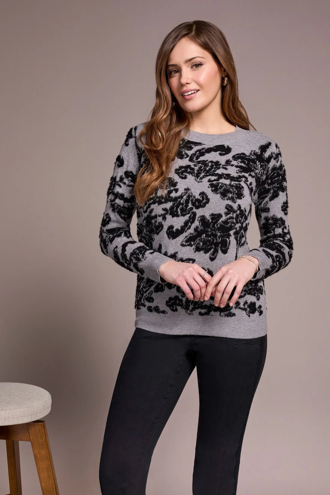 Tribal Soft Boucle Jacquard Crewneck Sweater – Grey Mix - Juli's Wearable Art