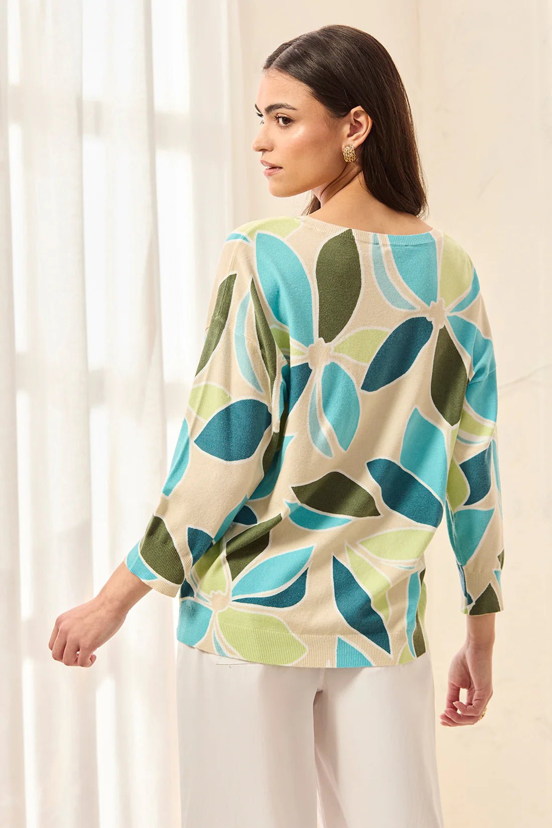 Tribal Soft Yarn Three - Quarter Sleeve Crewneck Sweater | Aqua Sky - Juli's Wearable Art