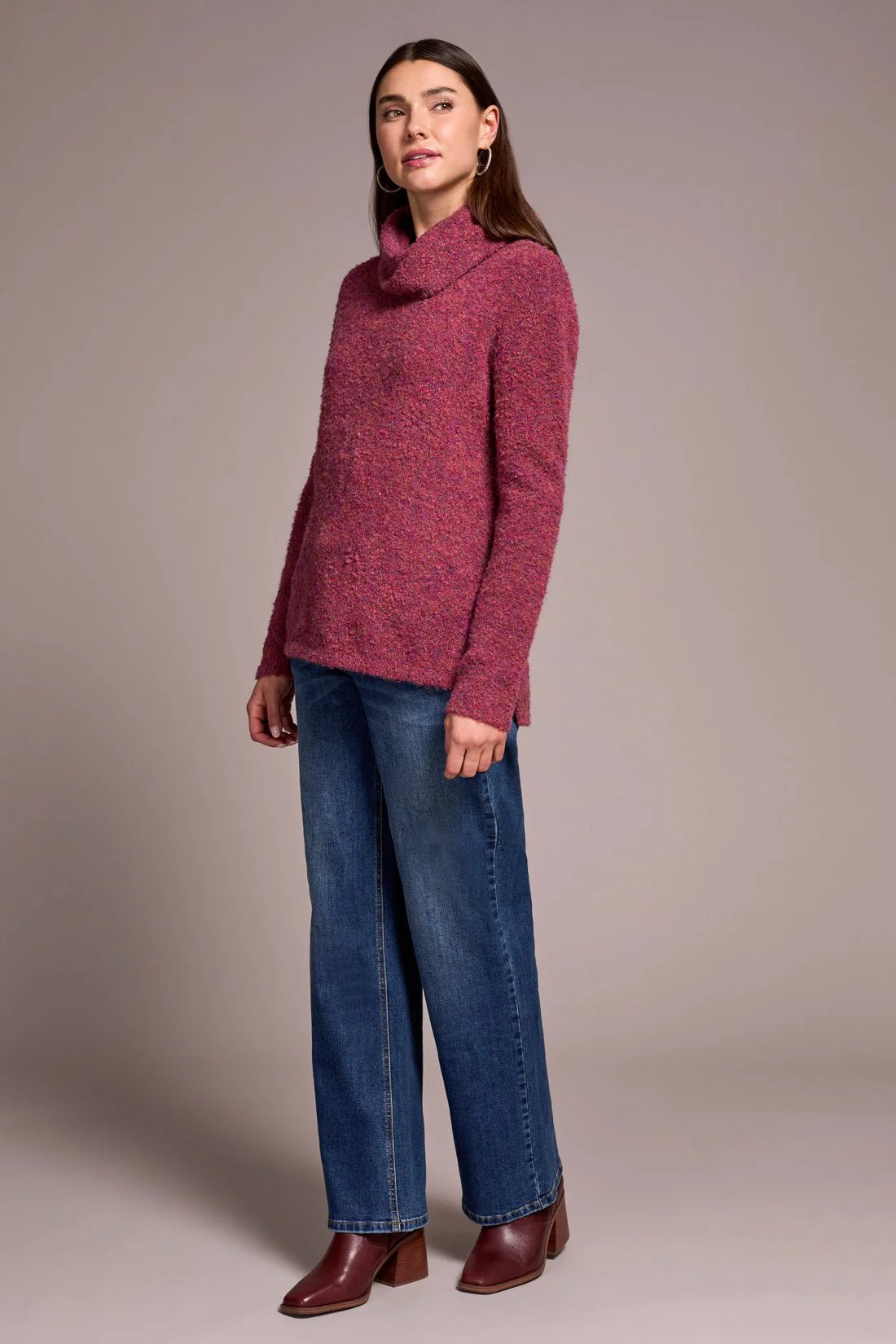 Tribal Textured Boucle Cowl Neck Sweater - Coral Blaze - Juli's Wearable Art