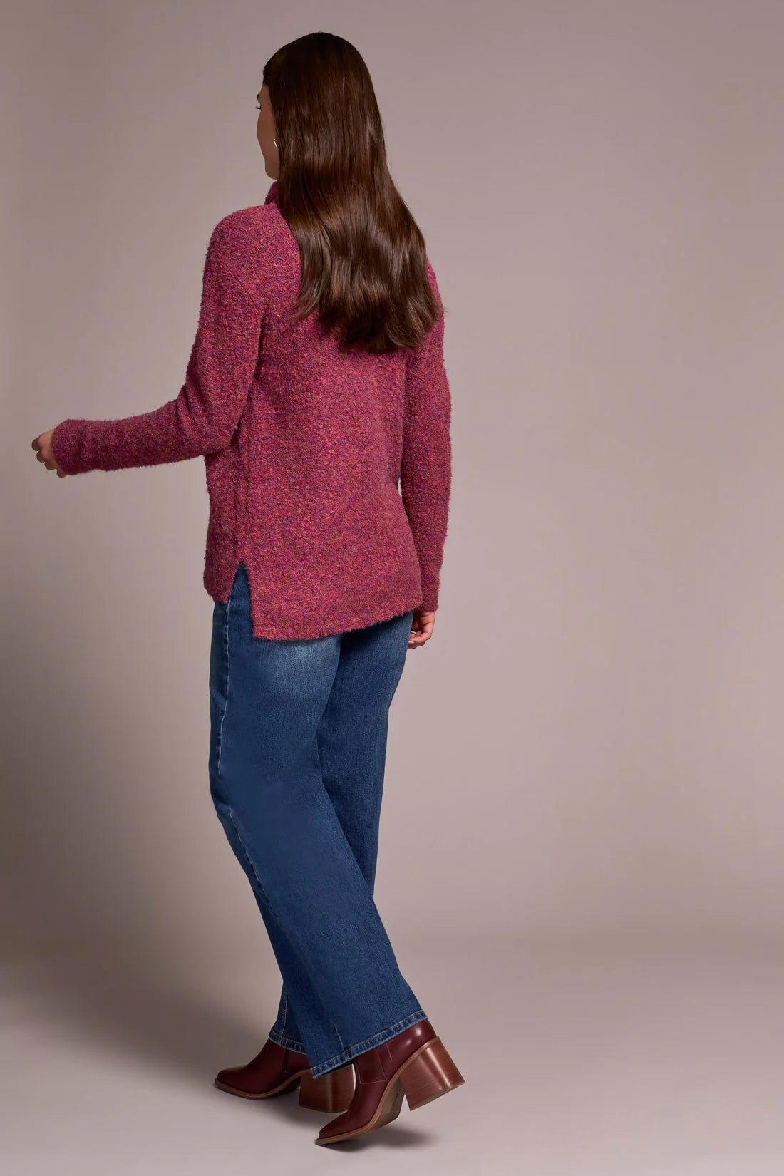 Tribal Textured Boucle Cowl Neck Sweater - Coral Blaze - Juli's Wearable Art