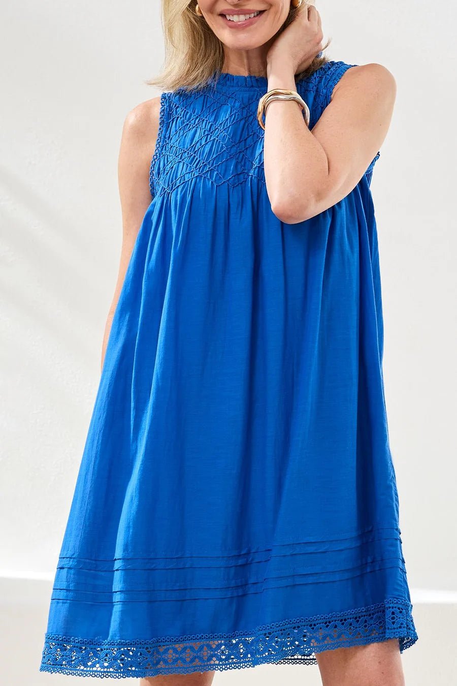 Tribal Textured Poplin Sleeveless A - Line Dress | Turkish Sea - Juli's Wearable Art