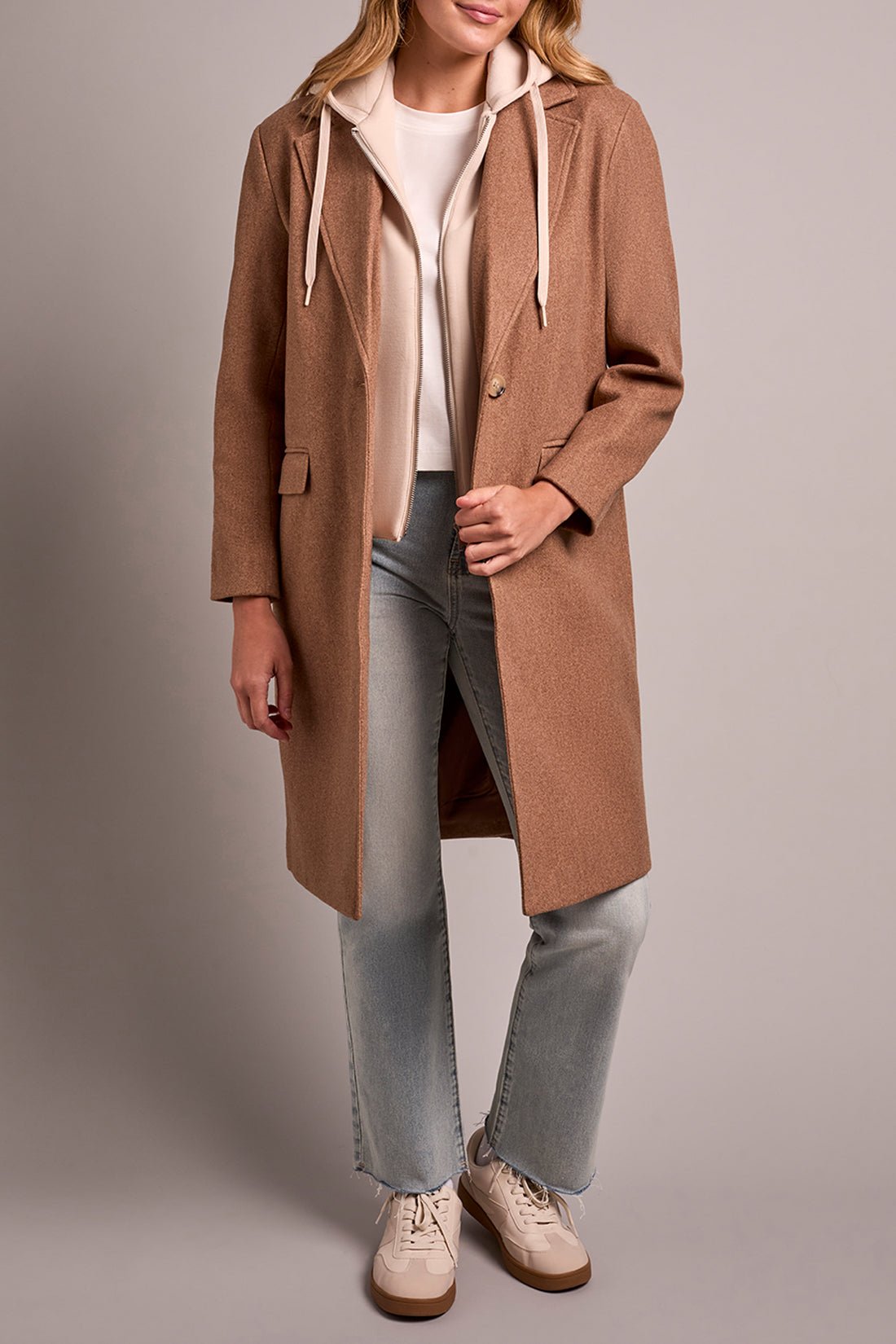 Tribal Ultra - Soft Knit Coat With Removable Fooler Hoodie - Biscotti - Juli's Wearable Art