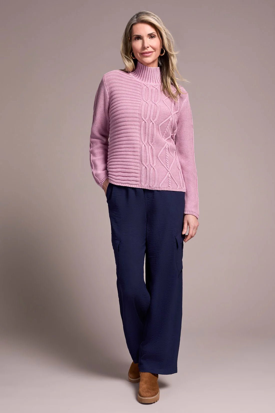 Tribal Vintage Washed Cable Knit Mock Neck Sweater - Juli's Wearable Art