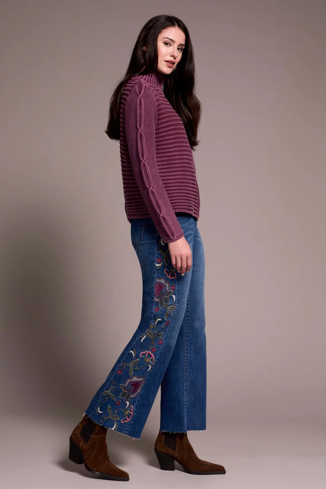 Tribal Vintage Washed Cable Knit Mock Neck Sweater - Juli's Wearable Art