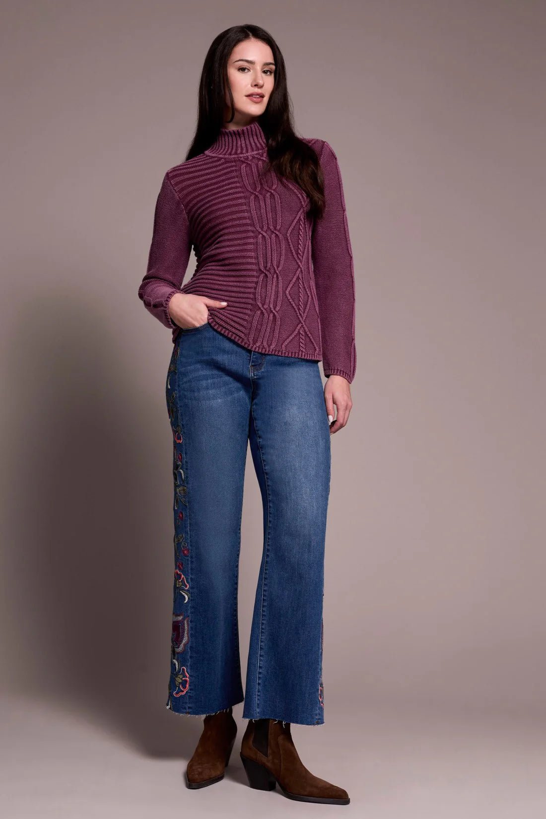 Tribal Vintage Washed Cable Knit Mock Neck Sweater - Juli's Wearable Art