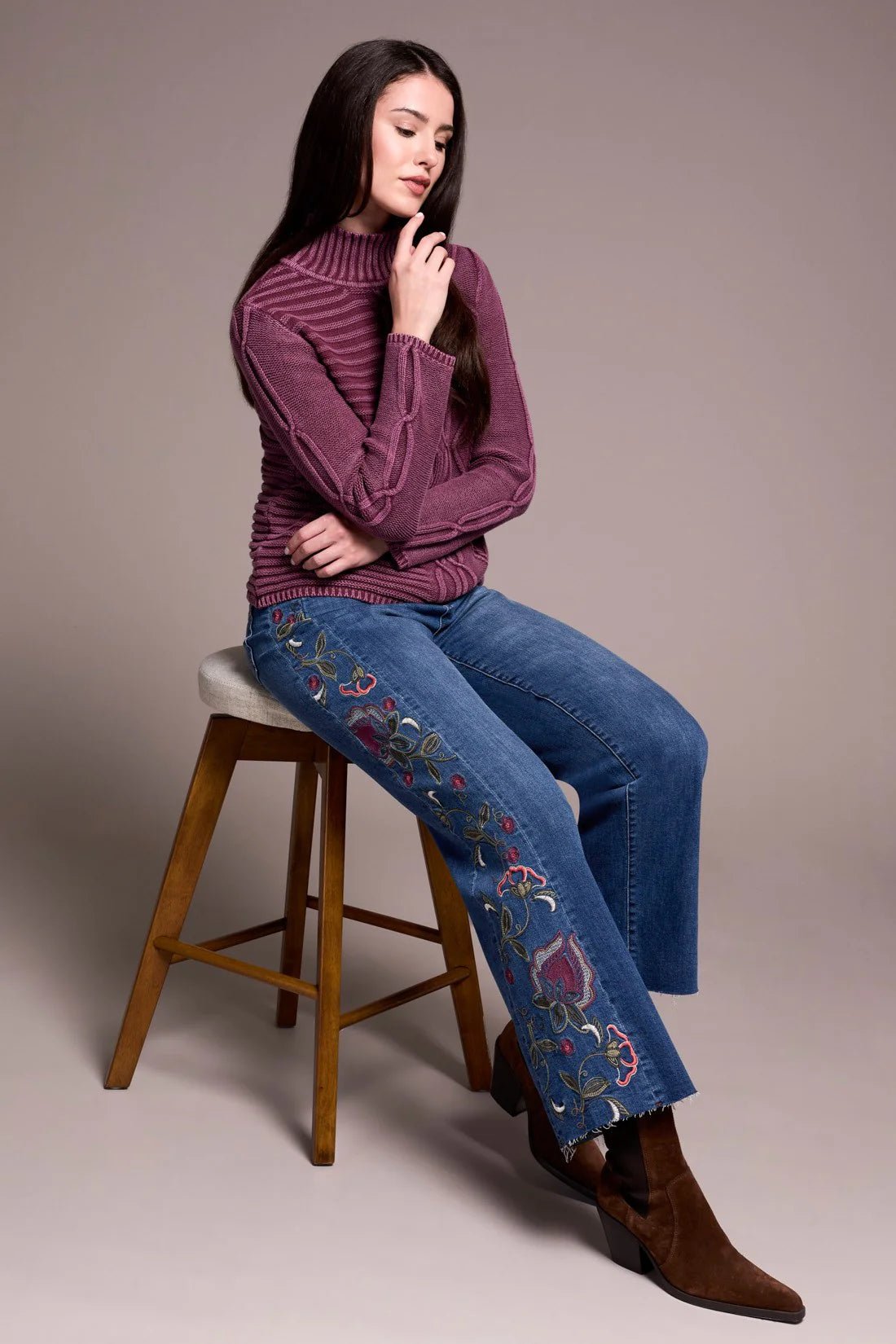 Tribal Vintage Washed Cable Knit Mock Neck Sweater - Juli's Wearable Art