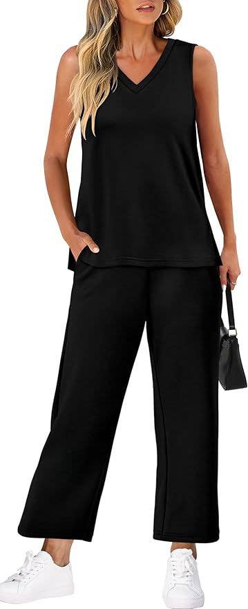 Two - Piece V - Neck Vest & Long Pants Set – Black Casual Women’s Sportswear - Juli's Wearable Art