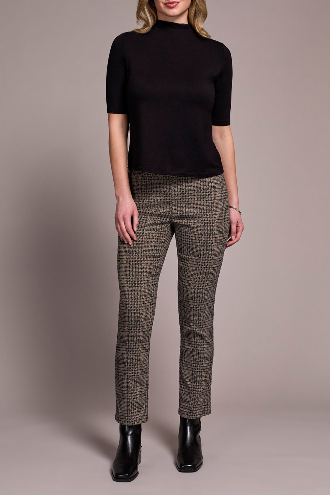 Tribal Funnel Neck Elbow Sleeve Knit Top – Black