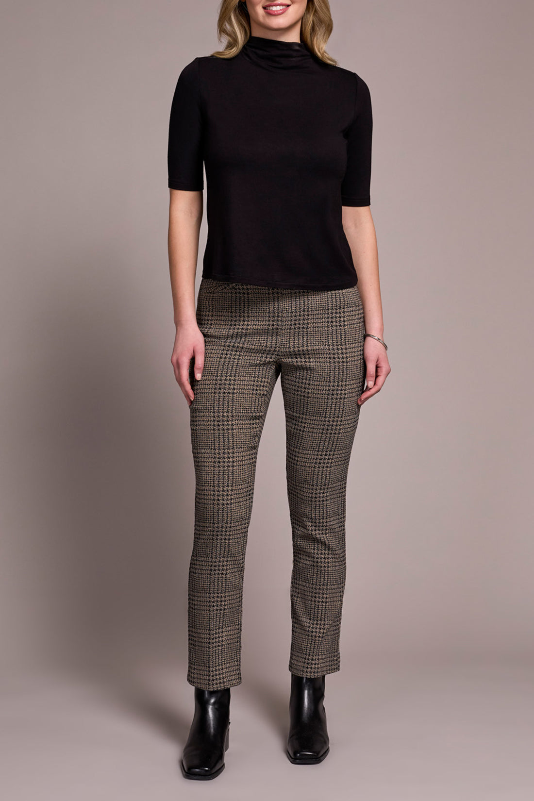 Tribal Funnel Neck Elbow Sleeve Knit Top – Black