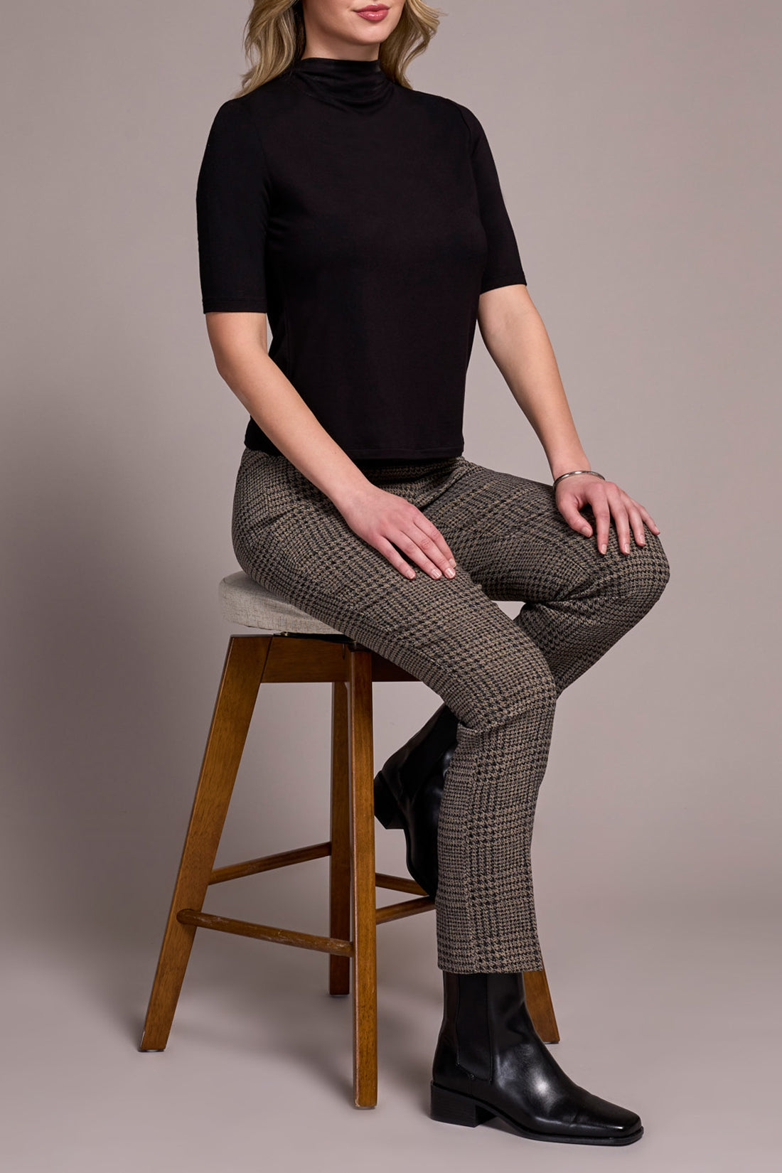 Tribal Funnel Neck Elbow Sleeve Knit Top – Black