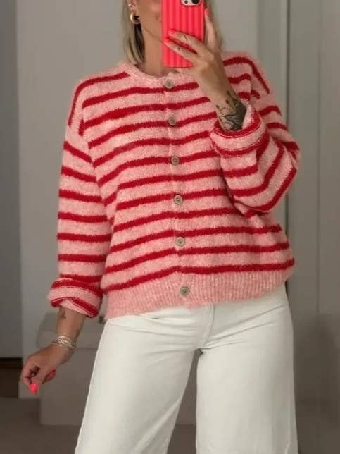 Valentine's Day Pink & Red Striped Crew Neck Cardigan - Juli's Wearable Art