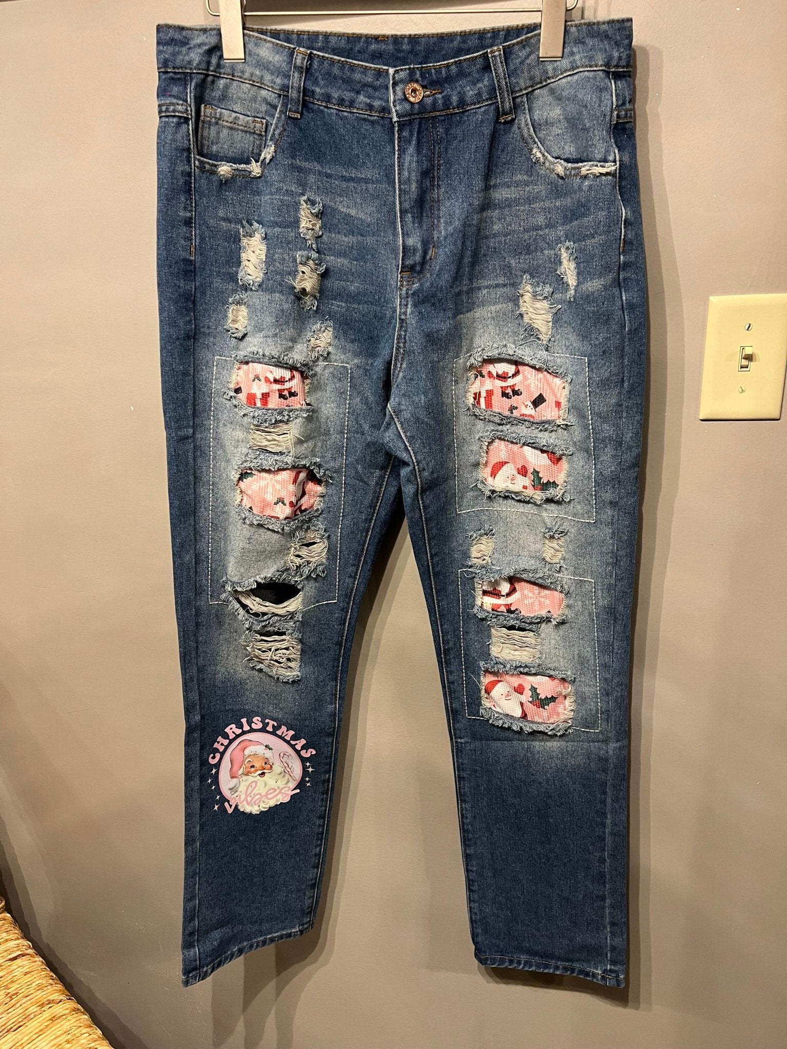 Vintage Santa Print Distressed Jeans - Juli's Wearable Art