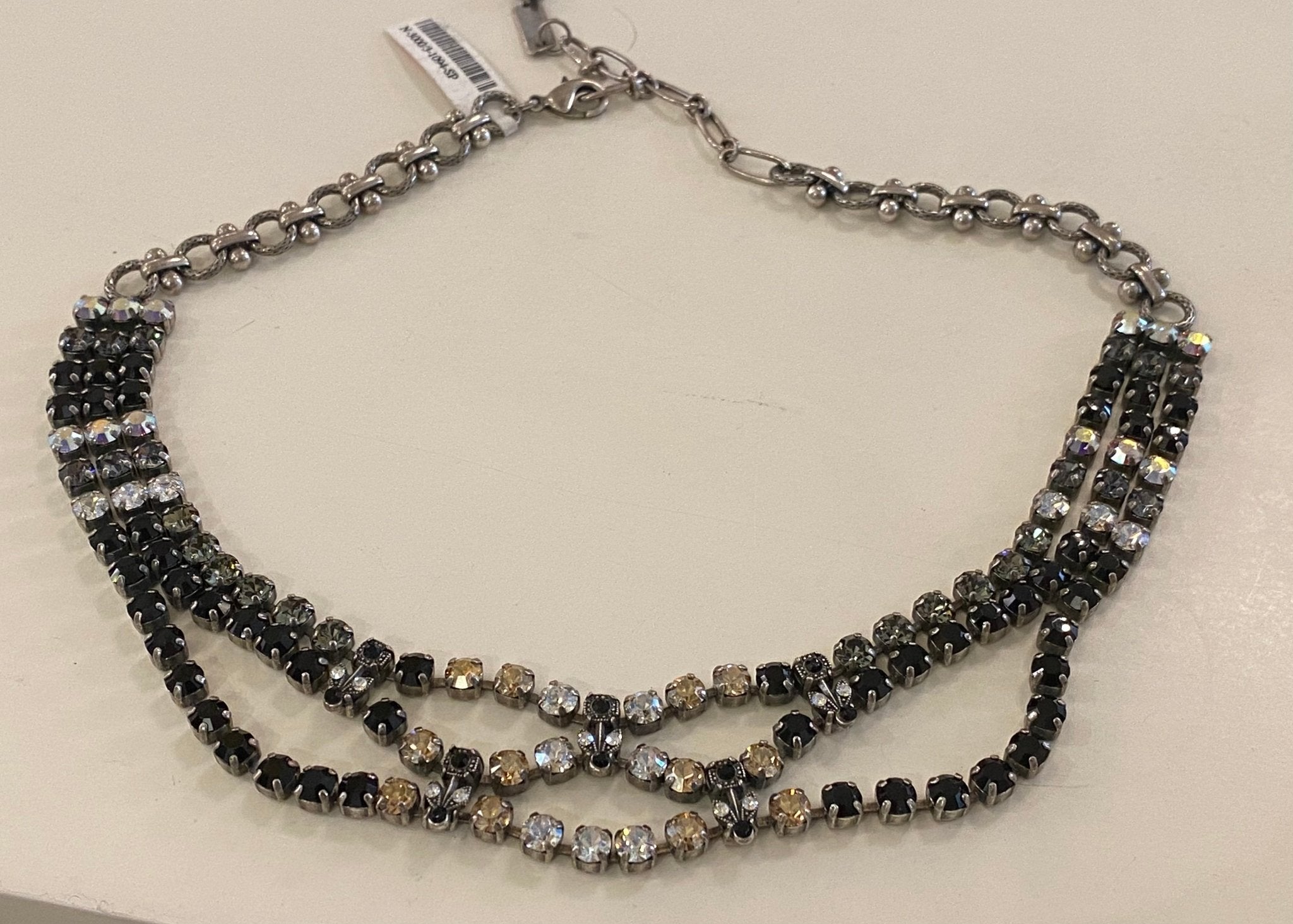Mariana Antiqued Silver Extra Fancy Three Strand Crystal Necklace in Elegant Black and Gray - Juli's Wearable Art