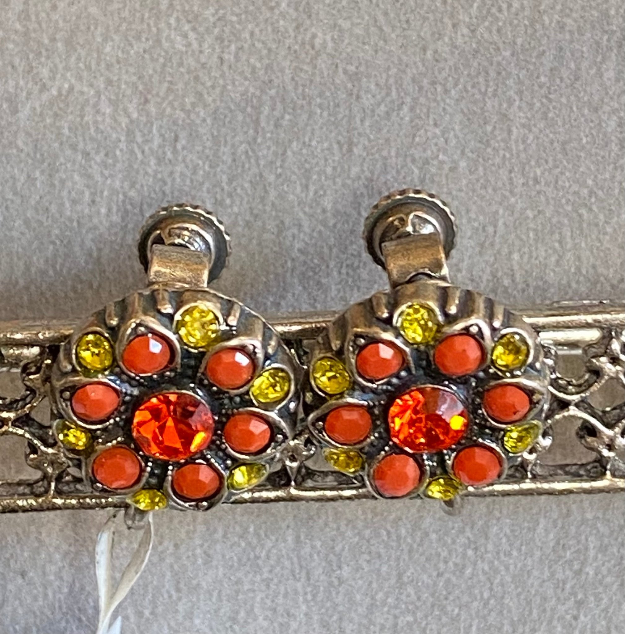 Mariana Antiqued Silver Round Flower Clip - On Crystal Earrings in Orange & Yellow - Juli's Wearable Art