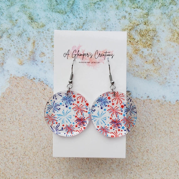 Red White & Blue Fireworks Circle Acrylic Earrings