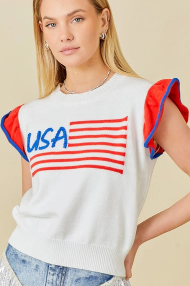 USA Flag Embroidered Sleeveless Ruffle Sweater