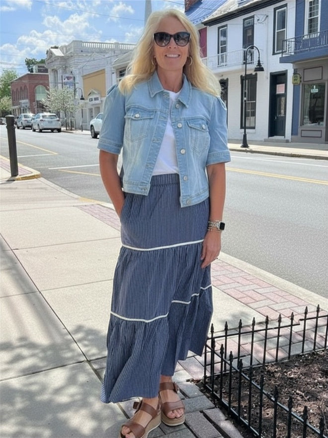 Woven Striped Tiered Long Skirt | Navy