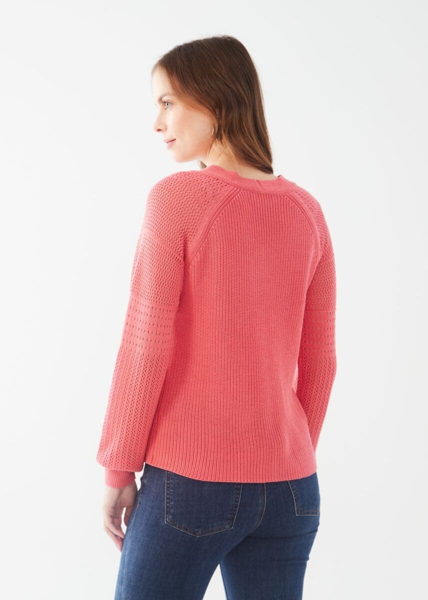 FDJ Long Pointelle Sleeve V-Neck Sweater