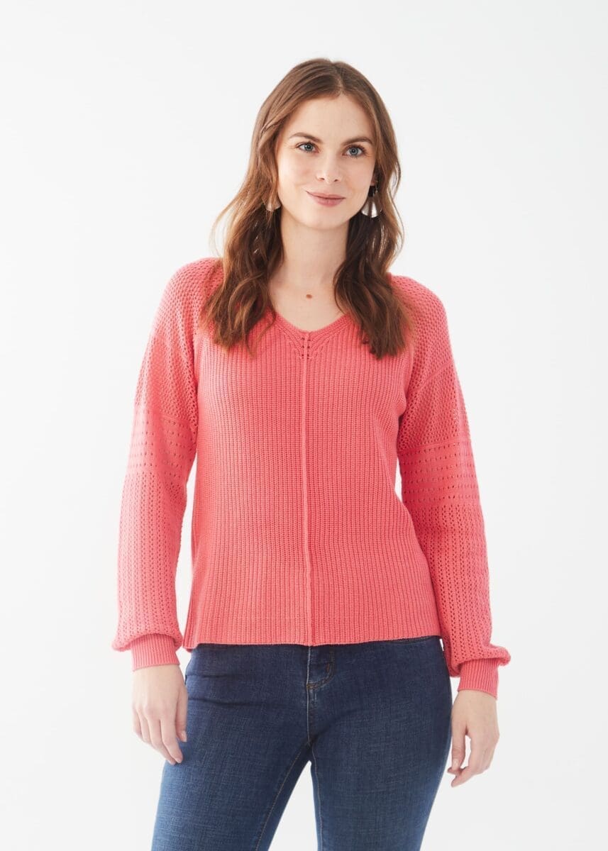 FDJ Long Pointelle Sleeve V-Neck Sweater
