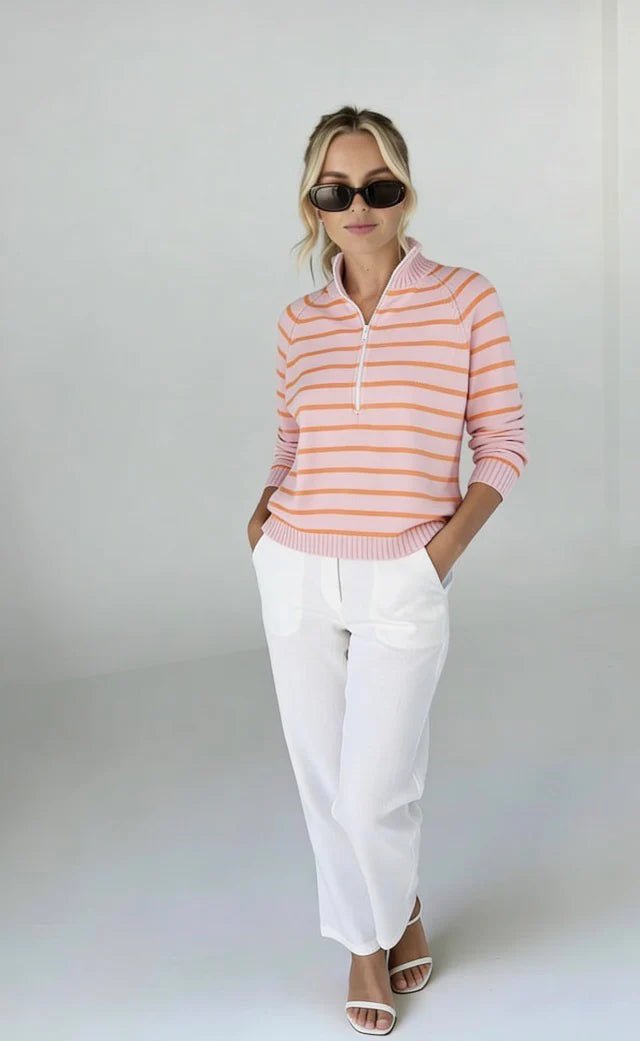 1/2 Zip Cotton Sweater Stripe | Orange + Pink
