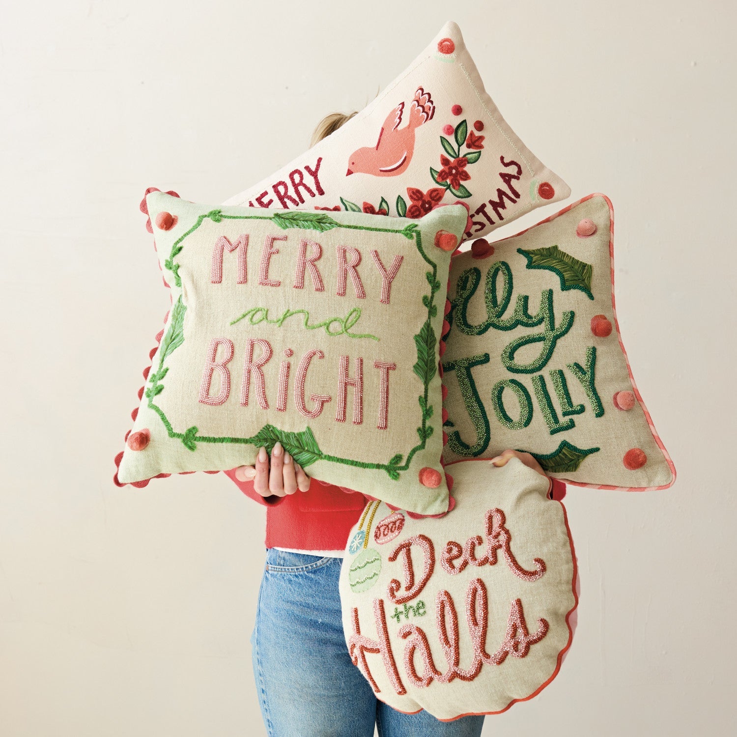 18" Square Linen Holiday Pillows with Embroidery & Pom Poms