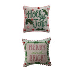 18" Square Linen Holiday Pillows with Embroidery & Pom Poms - Juli's Wearable Art
