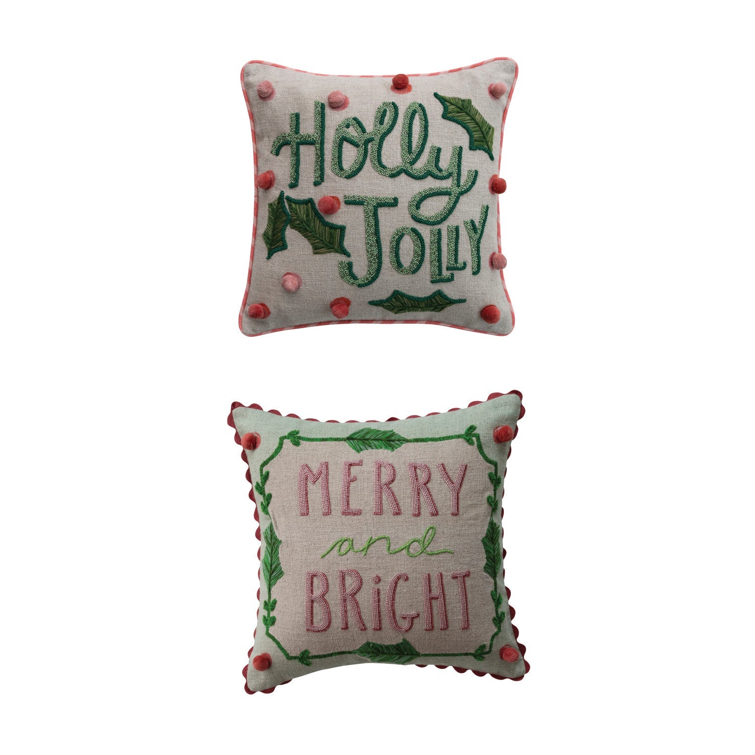 18" Square Linen Holiday Pillows with Embroidery & Pom Poms