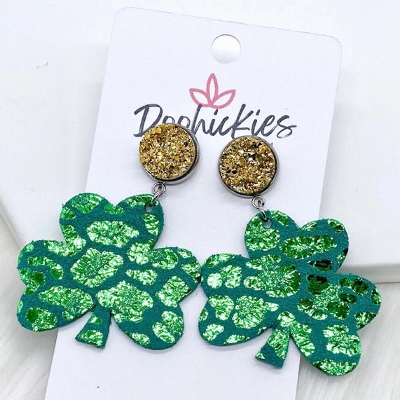 2" Gold & Metallic Green Leopard Shamrock Dangles - Earrings - Juli's Wearable Art