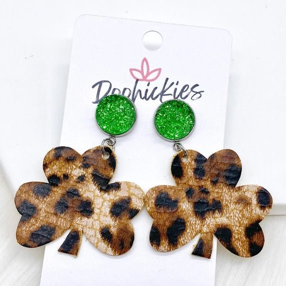 2" Green & Leopard Shamrock Dangles (Leather) - Earrings - Juli's Wearable Art