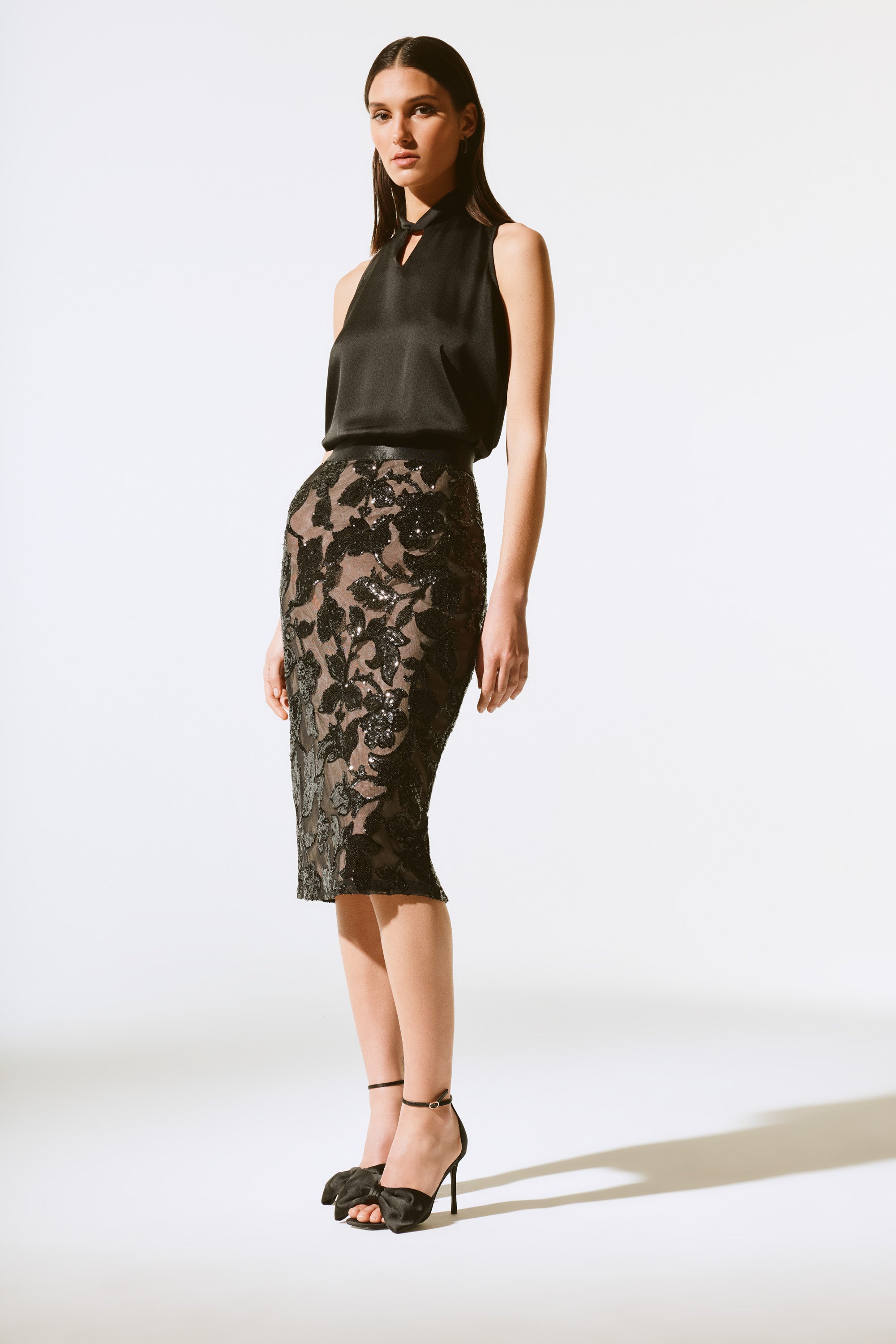 JOSEPH RIBKOFF Embroidered Floral Midi Skirt