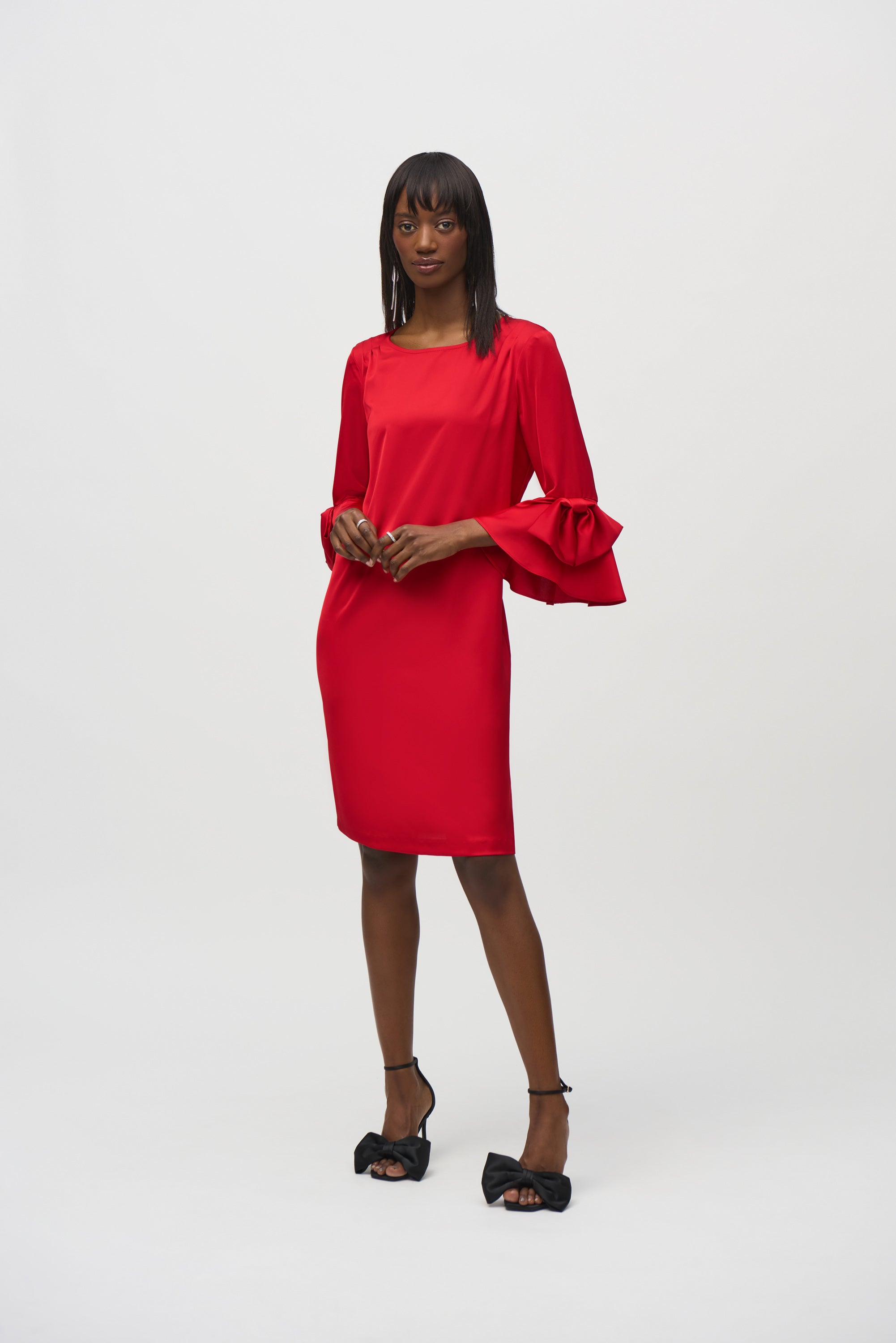 JOSEPH RIBKOFF Satin Riffle Sleeve Straight Dress