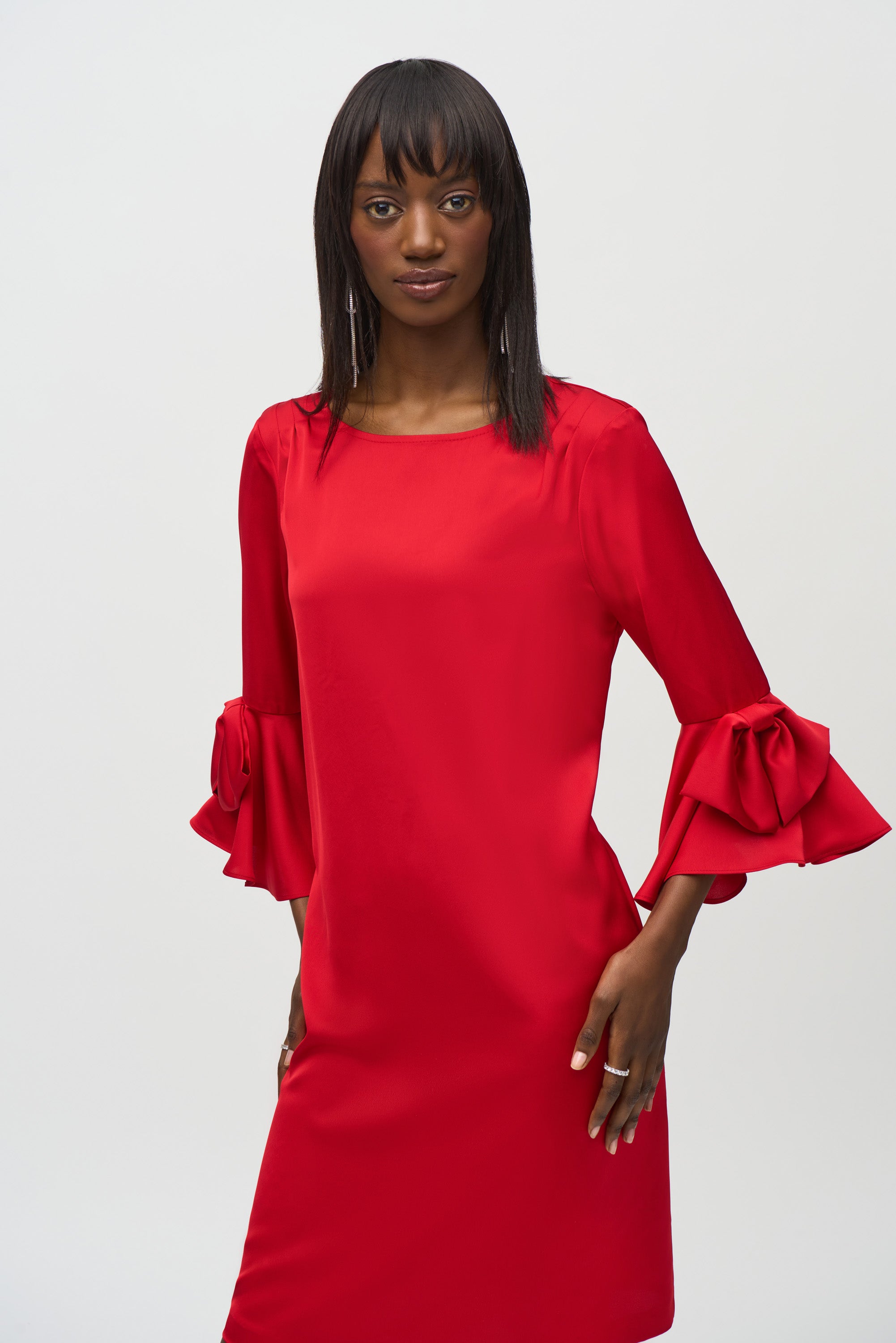 JOSEPH RIBKOFF Satin Riffle Sleeve Straight Dress