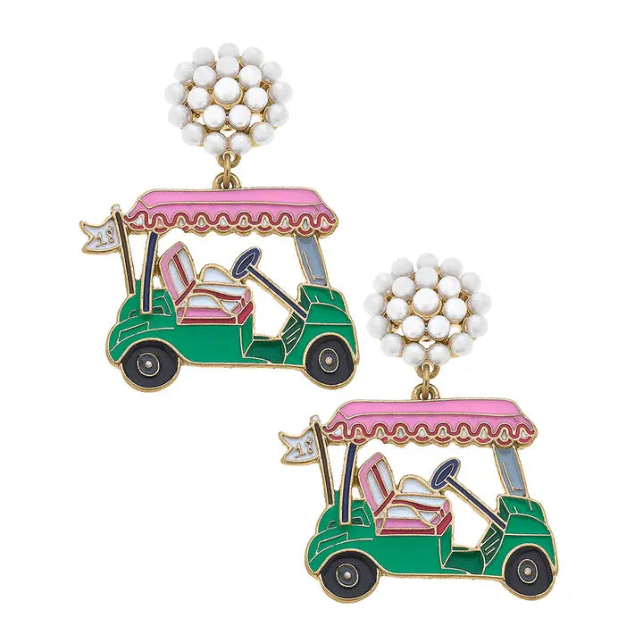 19th Hole Golf Cart Enamel Earrings in Pink & Green