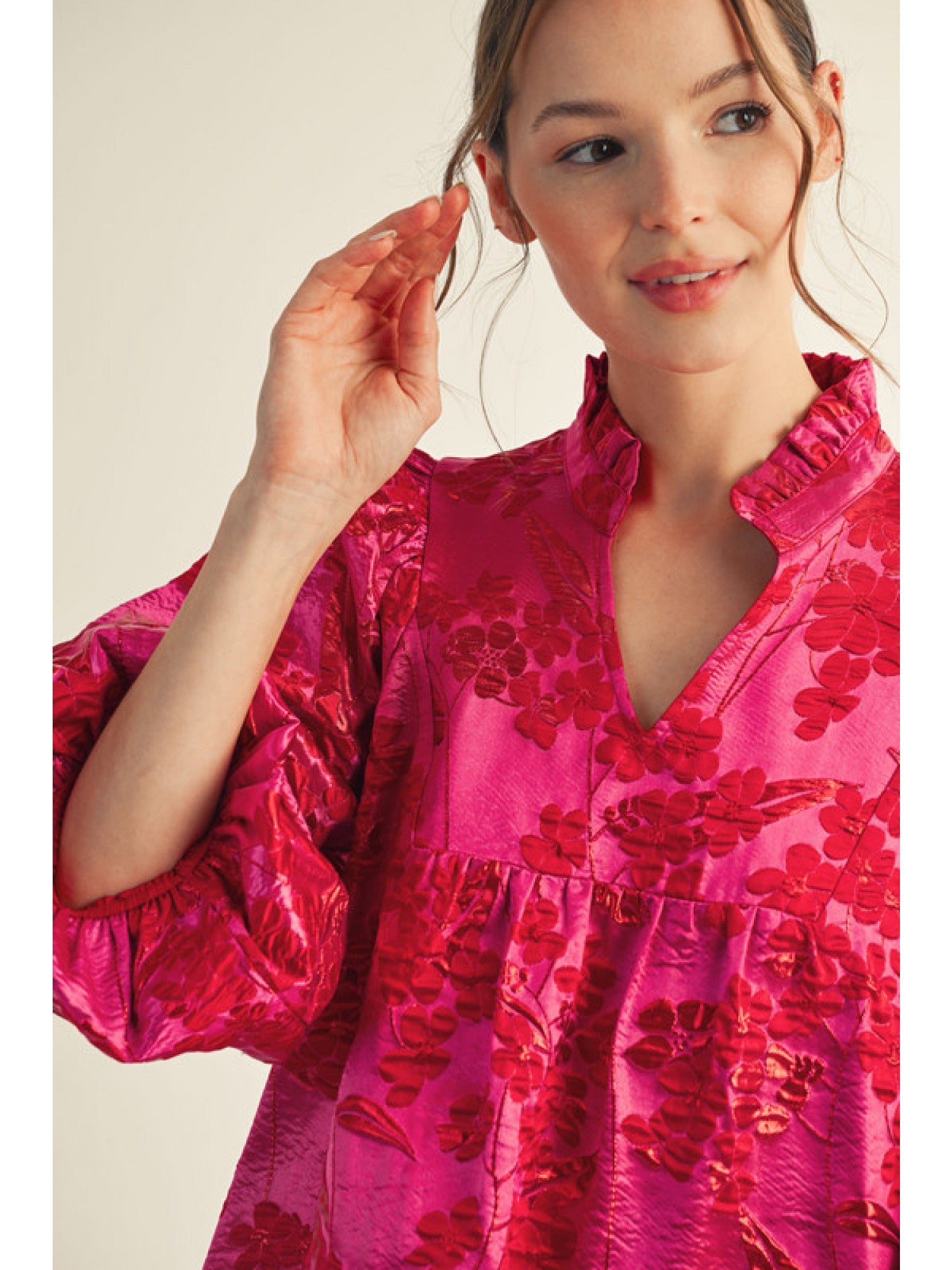 3/4 Puff Sleeve Floral Jacquard Dress – Hot Pink - Juli's Wearable Art