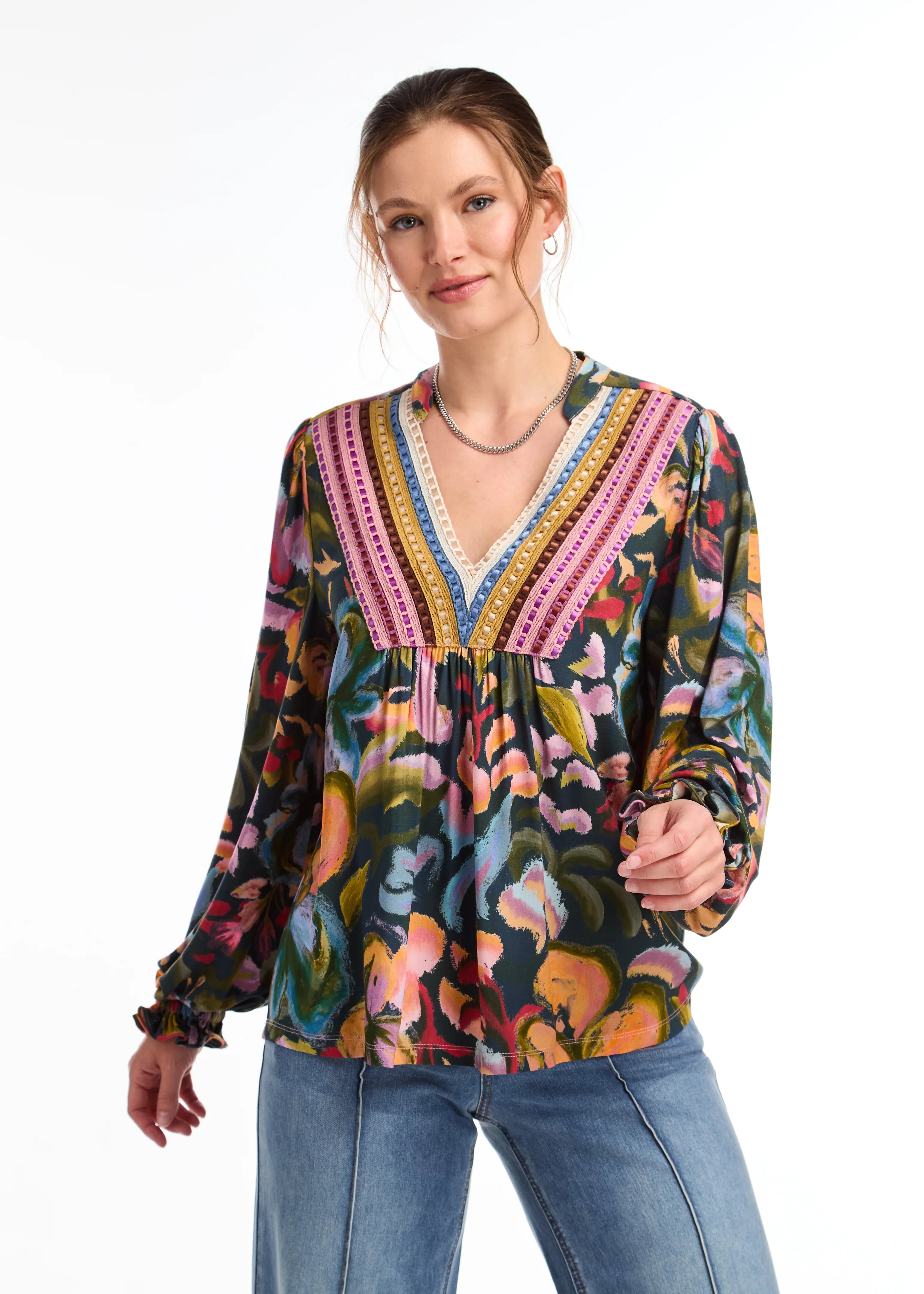 FDJ V-Neck Mix Media Boho Blouse