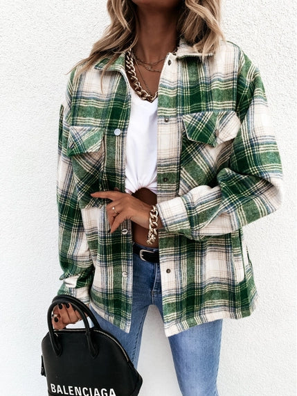 Casual Vintage Green Plaid Shacket