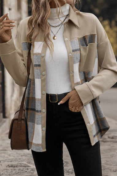 Fall Turndown Neck Plaid Khaki Shacket