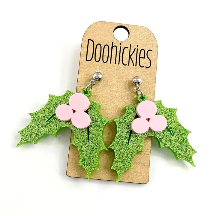 Pastel Sparkle Holly Leaf Dangles - Christmas Acrylic Earrings