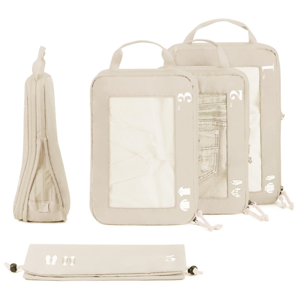 5 - Piece Compression Packing Cube Set – Beige Eco Travel Organizers - Juli's Wearable Art