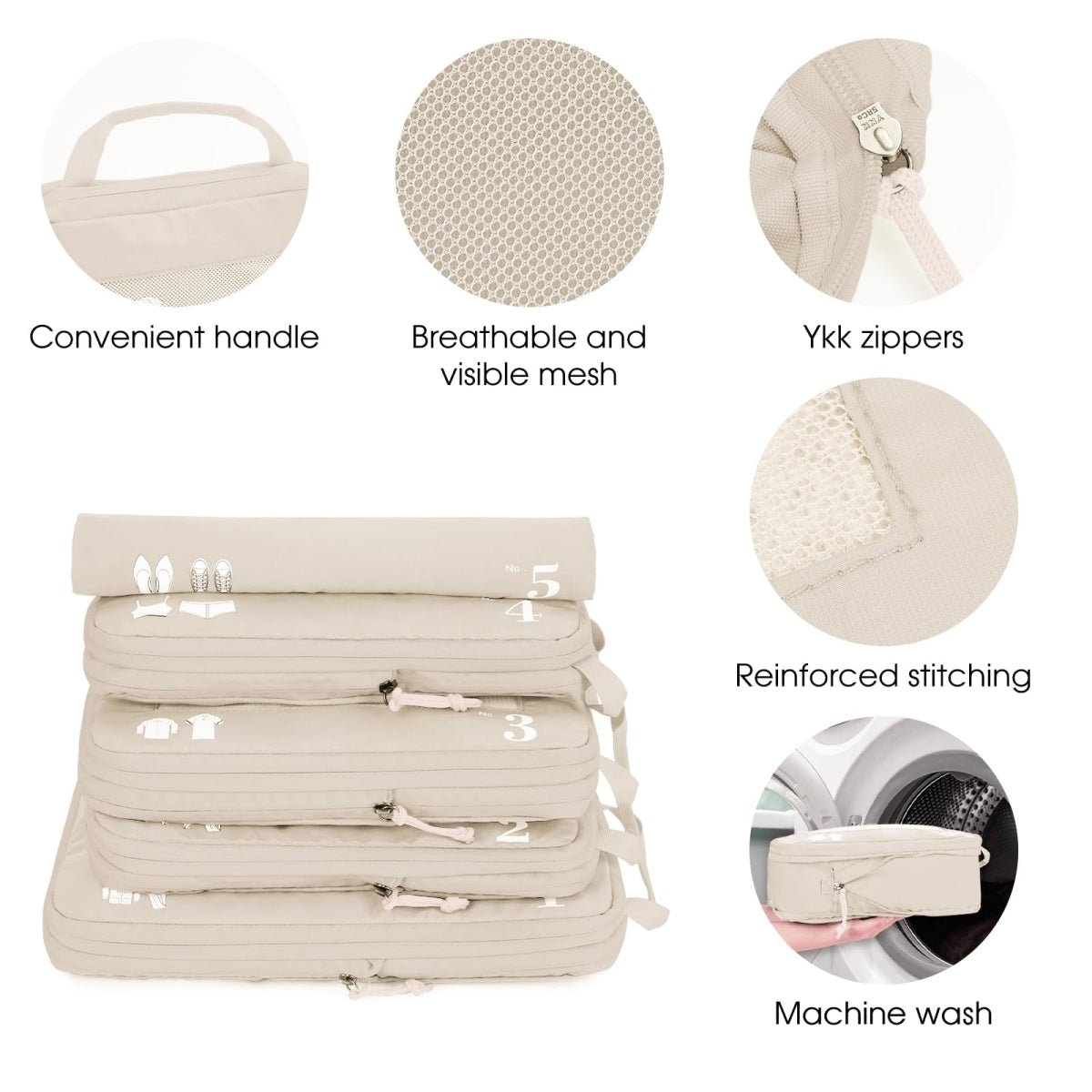 5 - Piece Compression Packing Cube Set – Beige Eco Travel Organizers - Juli's Wearable Art