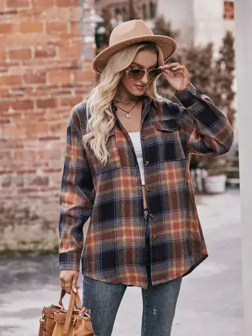 Women's Plaid Oversized Flannel Button Down Shirt | Khaki