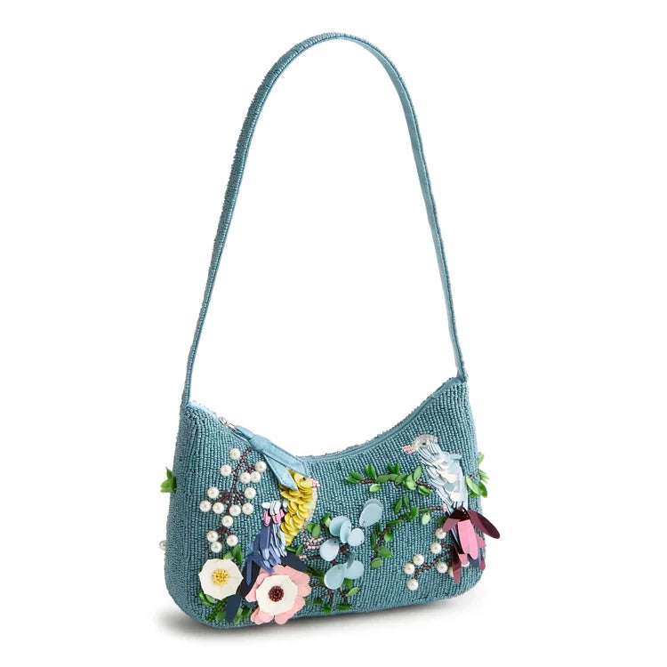 Vera Bradley Mini Roxbury Crescent Shoulder Bag | Prairie Blooms Bluestone Beaded