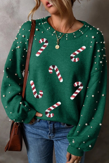 Sequin Christmas Candy Cane Pearl Beaded Drop Sweater