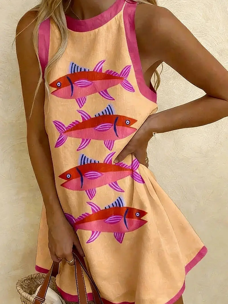 Fish Print Sleeveless Casual Dress