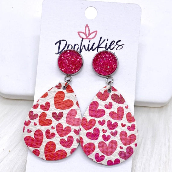 2" Hot Pink Sparkles & Pink/Red Heart Dangles -Earrings