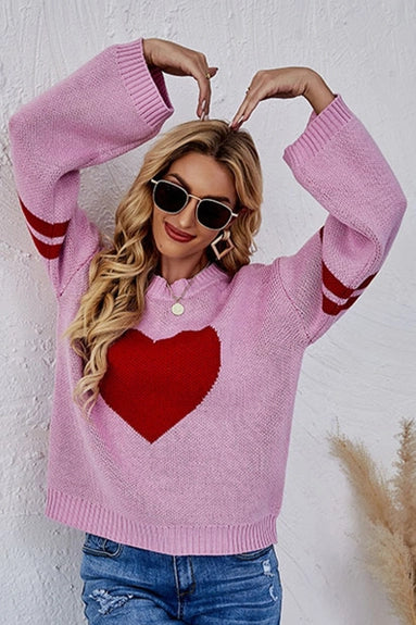 Oversized Heart Printed Ribbed Pullover