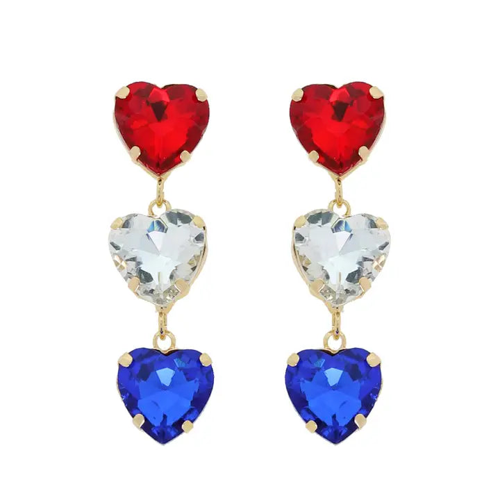 Triple Patriotic Rhinestone Hearts Dangle Earrings